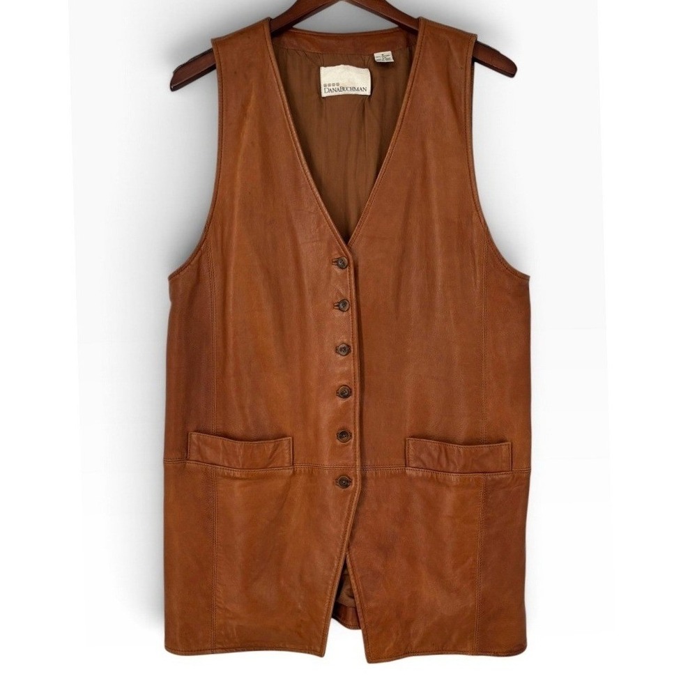 Dana Buchman Leather Vest Womens M Cognac Vintage 90s Longline Button